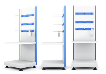 Different view of racks for merchandise isolated on a white background. 3d rendering.
