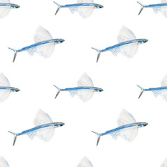 Obraz premium Colored pencil drawing of flying fish, seamless pattern