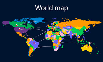 Colorful world map with countries on a dark background