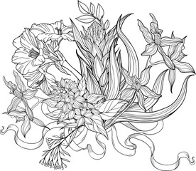 bunch of flowers and a stripe. Coloring page.