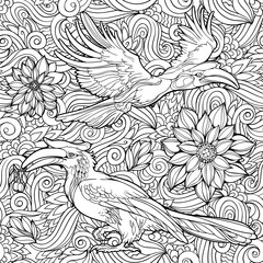 seamless pattern of flowers and parrots.