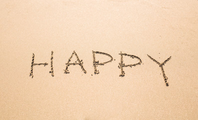 written words Happy on sand of beach