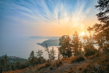 View from Chersky stone hill, lake Baikal, Siberia, Russia. Scenery sunset autumn landscape