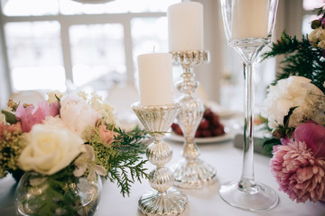 Hand Made Wedding Decoration, flowers, wood. Gorgeous white restaurant for the wedding celebration