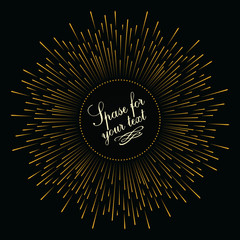 Fototapeta premium Abstract composition in the form of an explosion of fireworks against a dark background. Empty space for your text. Stripes and dots of varying thickness, arranged in a circle.