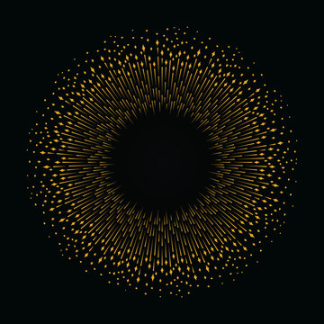 Abstract composition in the form of an explosion of fireworks against a dark background. Empty space for your text. Stripes and dots of varying thickness, arranged in a circle.