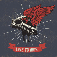 Live to ride.  Motorcycle helmet with wings on grunge background