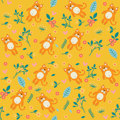 Orange cat and flowers, seamless pattern on yellow background