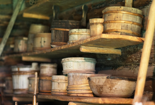 Storage racks with old wooden bowls.
