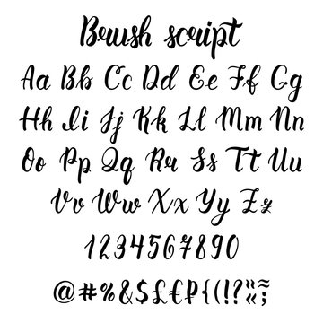 Handwritten latin calligraphy brush script with numbers and symbols. Calligraphic alphabet. Vector