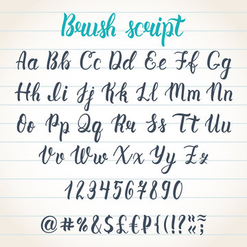 Hand drawn latin calligraphy brush script with numbers and symbols. Calligraphic alphabet. Vector