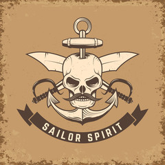 Sailor spirit. Skull with anchor and knives on grunge background