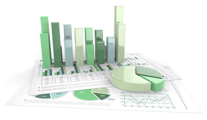 Green financial documents. 3D render of Green financial documents with graphs and pie charts of glass.