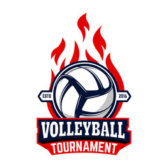 Volleyball tournament. Label template with volleyball ball. Desi