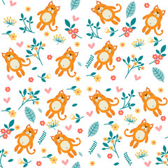 Orange cat and flowers, seamless pattern