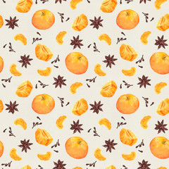 Seamless pattern with mandarin and spices on paper texture