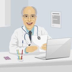 Male senior doctor holding medical prescription sitting in office with laptop