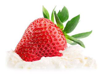 strawberry with whipped cream isolated on the white background