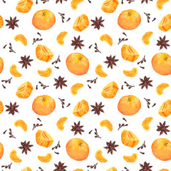 Seamless tiled pattern with mandarin oranges and spices 
