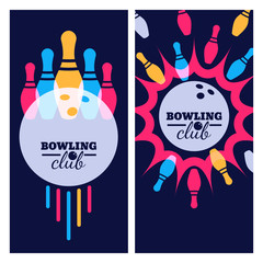 Bowling backgrounds, icons and elements for banner, poster, flyer, label design. Abstract vector illustration of bowling game. Colorful bowling ball, bowling pins on black background.