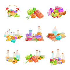 Fototapeta premium Homemade bars soaps, flowers and essential oil. vector icons set