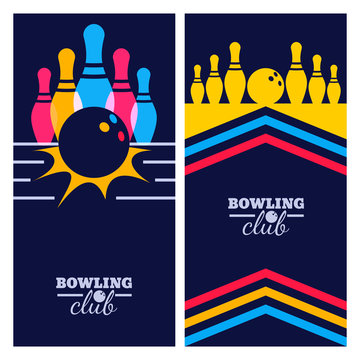Set of bowling banner backgrounds, poster, flyer or label design elements. Abstract vector illustration of bowling game on black background. Colorful bowling ball, bowling pins.