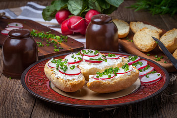 Toasts with radish, chives and cottage cheese.