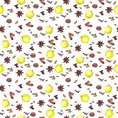 Seamless spiced background with apples and spices on white texture 