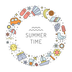 Summer beach multicolored circle frame. Clean and simple outline design. Part one.