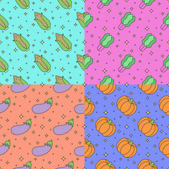 Vegetables multicolored outline seamless vector pattern set (corn, spinach, eggplant, pumpkin). Modern minimalistic design. Part two.