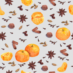 Watercolor winter spices and mandarin. Repeating pattern