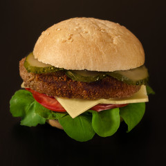 Sandwich with meat Patty on a black background