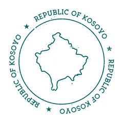 Obraz premium Kosovo vector map. Retro vintage insignia with country map. Distressed visa stamp with Kosovo text wrapped around a circle and stars. USA state map vector illustration.
