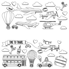 Vector doodle set of travel and transportation Car plane helicopter ballon ship