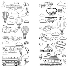 Vector doodle set of travel and transportation Car plane helicopter ballon ship
