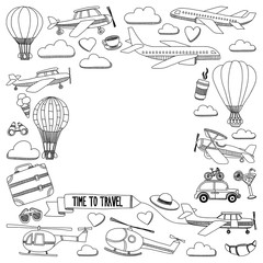 Vector doodle set of travel and transportation Car plane helicopter ballon ship