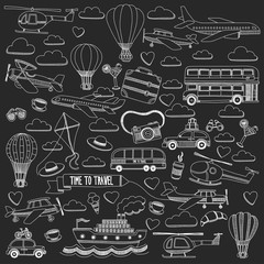 Vector doodle set of travel and transportation Car plane helicopter ballon ship