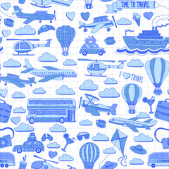 Vector doodle set of travel and transportation Car plane helicopter ballon ship