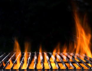 Empty grill grid with fire - obrazy, fototapety, plakaty