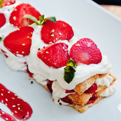 millefeuille with strawberry and coffee. Beautiful restaurant serving the dessert