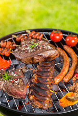 Various kind of meat served on grill