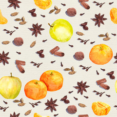 Watercolor winter spices and fruits - apple, mandarin. Repeating pattern
