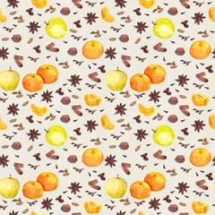 Watercolor winter spices and fruits - apple, mandarin. Repeating pattern