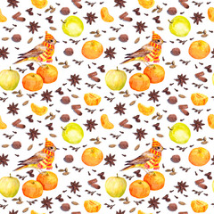 Watercolor winter spices and fruits - apple, mandarin with bird