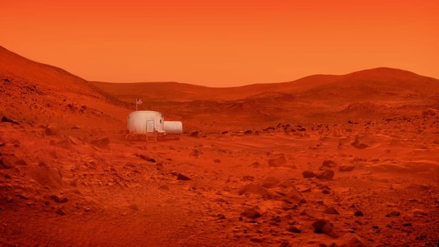 Space Base On Mars With American Flag