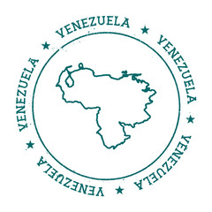 Obraz premium Venezuela, Bolivarian Republic of vector map.. Retro vintage insignia with country map.. Distressed visa stamp with Venezuela, Bolivarian Republic of text wrapped around a circle and stars.