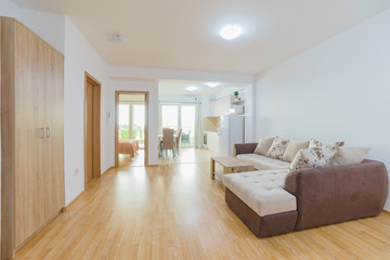 Interior of a guest house room with kitchen