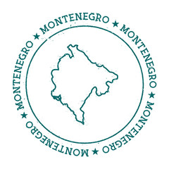Montenegro vector map. Retro vintage insignia with country map. Distressed visa stamp with Montenegro text wrapped around a circle and stars. USA state map vector illustration.