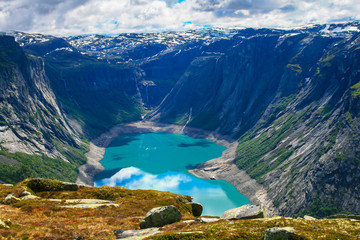 Panorama view of the Ringedalsvatnet lake and mountains