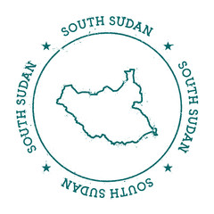 South Sudan vector map. Retro vintage insignia with country map. Distressed visa stamp with South Sudan text wrapped around a circle and stars. USA state map vector illustration.